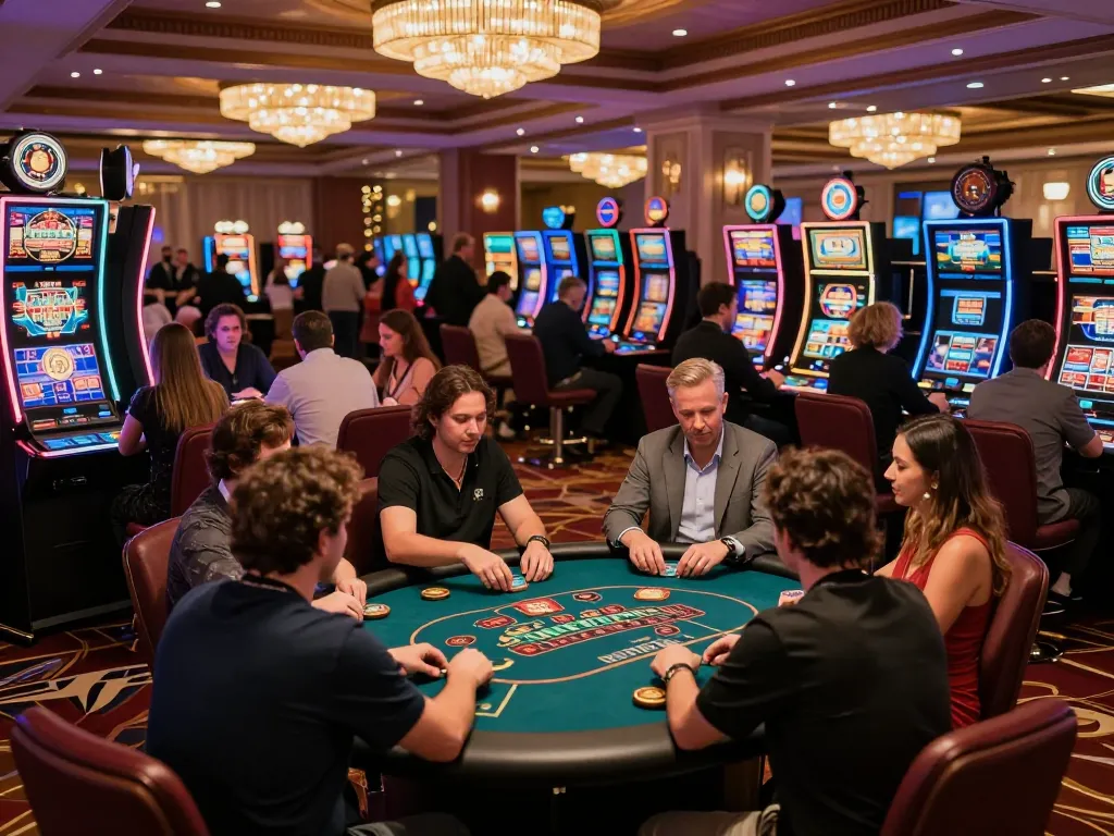 Players enjoying a thrilling gaming experience at RR88 NAVY casino, surrounded by vibrant lights and excitement
