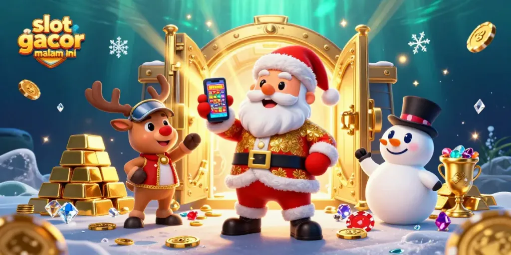 Menangkan slot gacor malam ini dengan Santa Claus di kasino bergaya, menampilkan simbol jackpot dan harta melimpah.