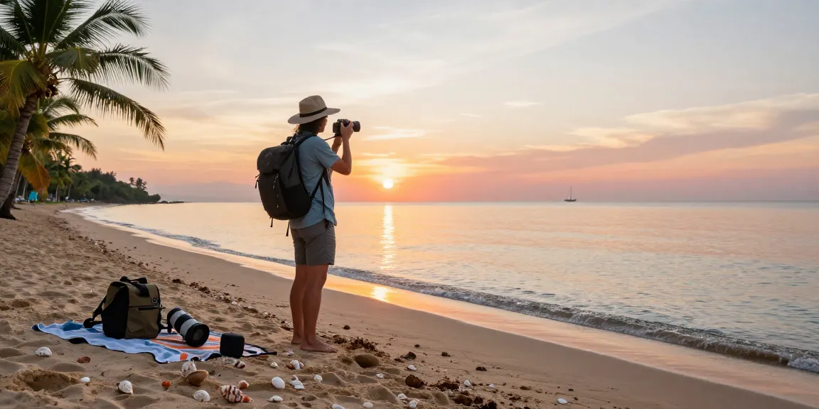 Liburan di pantai dengan suasana tenang, traveler dengan peralatan di pasir dekat laut di https://miami4d.com/.