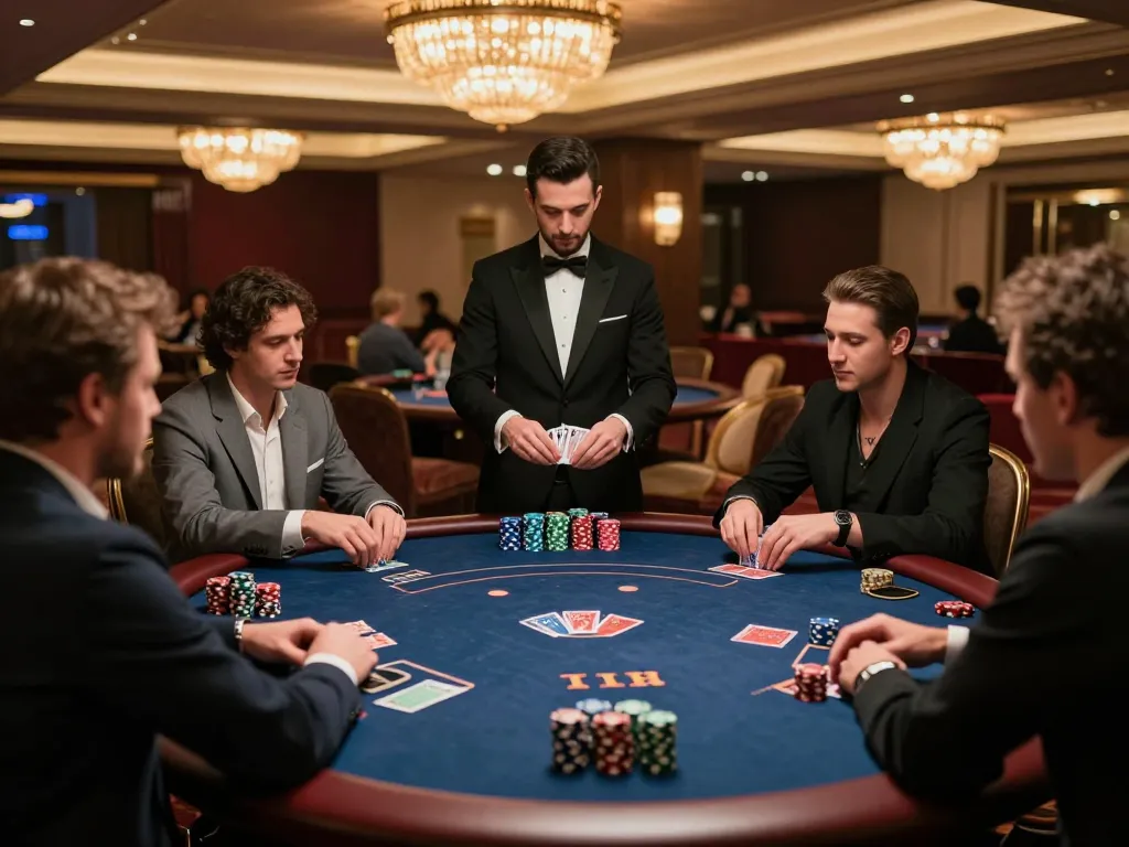 KJC poker players engage in a high-stakes game in an upscale casino setting, surrounded by luxury decor