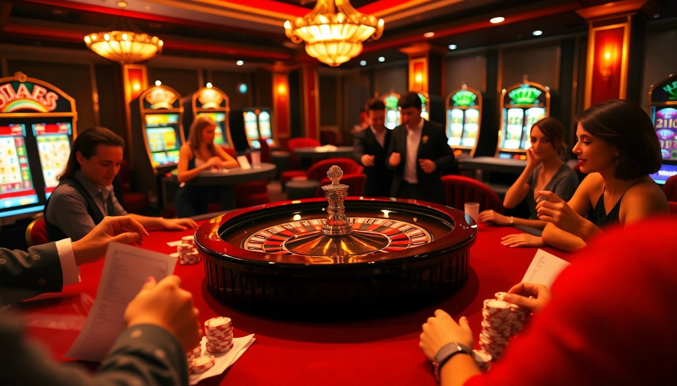 Experience the excitement of 13win15 with players engaged at a vibrant casino table, surrounded by luxury gaming elements.