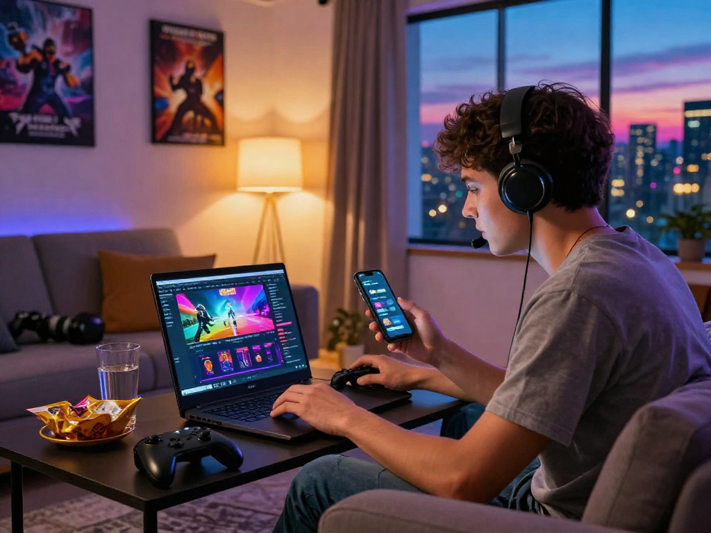 Engaged gamer exploring the FairPlay platform in a vibrant living room.