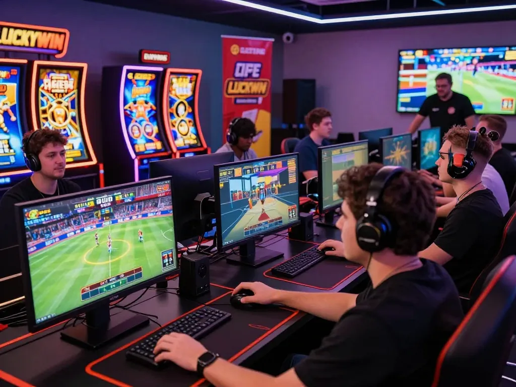 Engaged players gaming at Trang chủ luckywin, vibrant online casino atmosphere.
