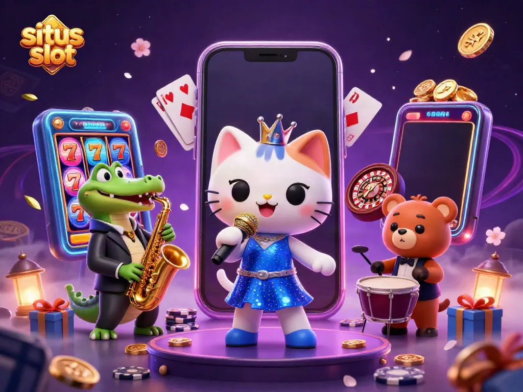 Gambungi situs slot yang menarik dengan karakter kartun di kasino yang berkilauan.