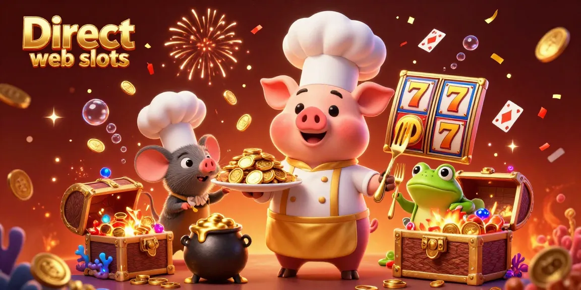 Spin to win with Direct web slots featuring a chef pig, sous-chef mouse, and critic frog, all in a vibrant casino scene.