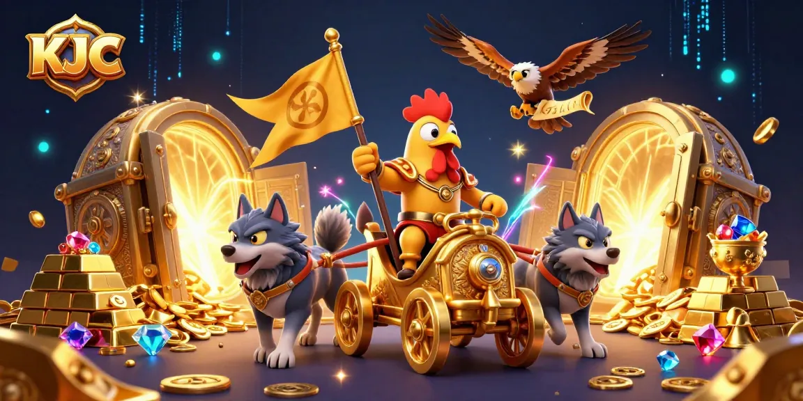 KJC offers thrilling gaming experiences with action-packed scene of a rooster warlord in a vibrant casino setting.