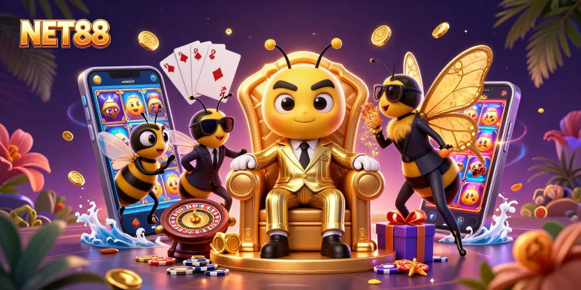 Engage with net88 and its vibrant online slots featuring a bumblebee mob boss in a lively casino setting.