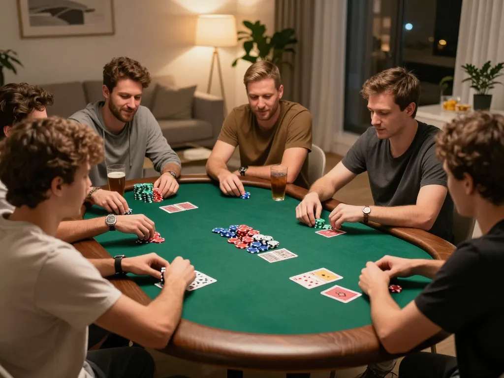 Players enjoying an intense poker game at home, showcasing the vibrant atmosphere of MM99 COM.