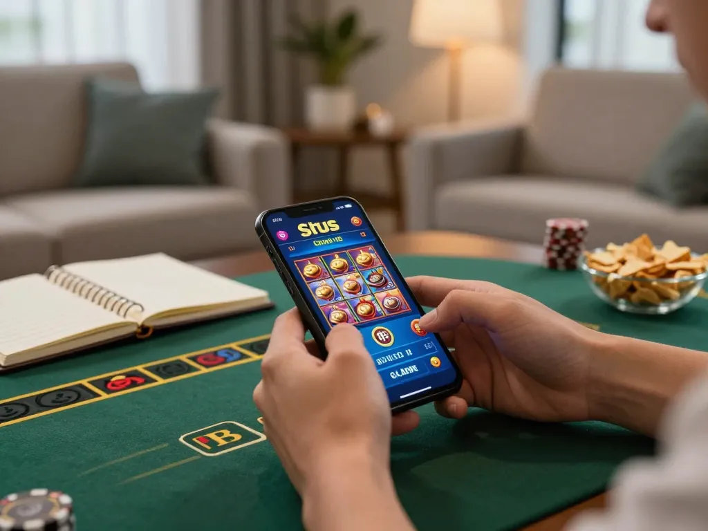 Engaging gameplay on situs slot app for online casino with smartphone and strategic notes.