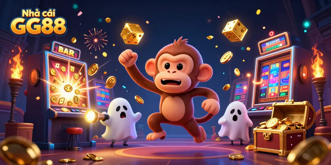 Join the excitement at Nhà cái GG88 with a lively scene of a mischievous monkey and a curious puppy in a vibrant casino.