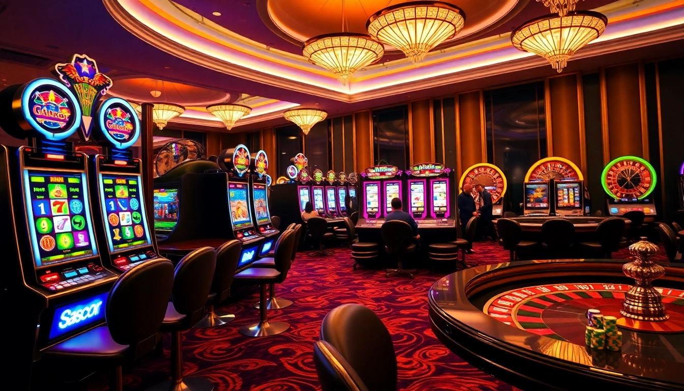 Engaged players at slot gacor machines in a luxurious casino setting.