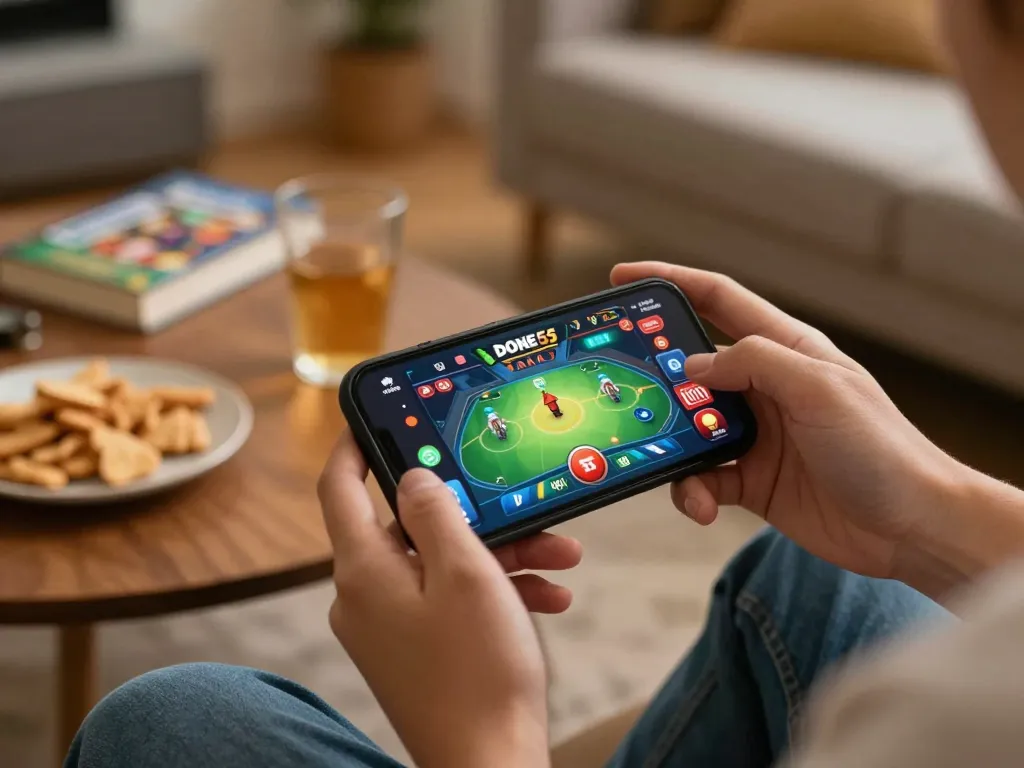 Player engaging with the done55 app on a smartphone, enjoying a cozy gaming experience at home.