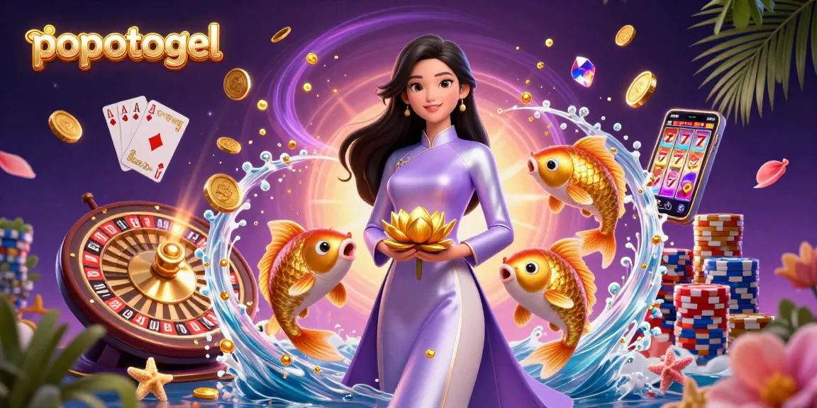 Experience the excitement of popotogel with a vibrant casino scene showcasing games and golden treasures.