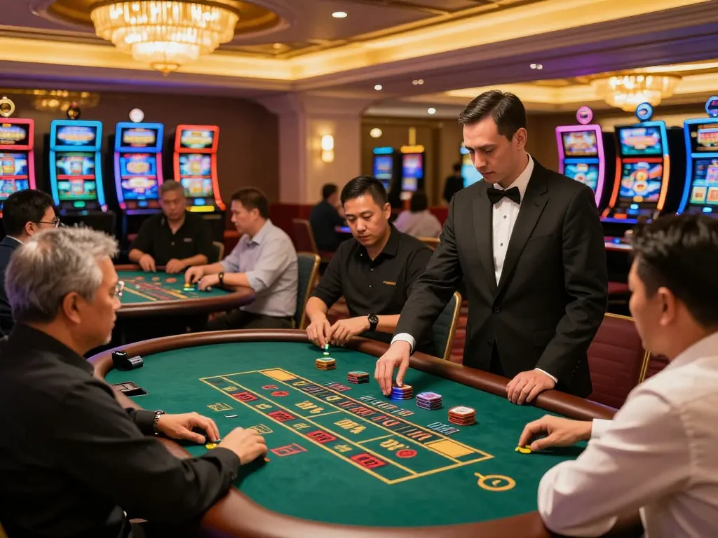 Players engaging in strategic gameplay at a vibrant Tập đoàn okwin casino floor, showcasing a lively gaming atmosphere.