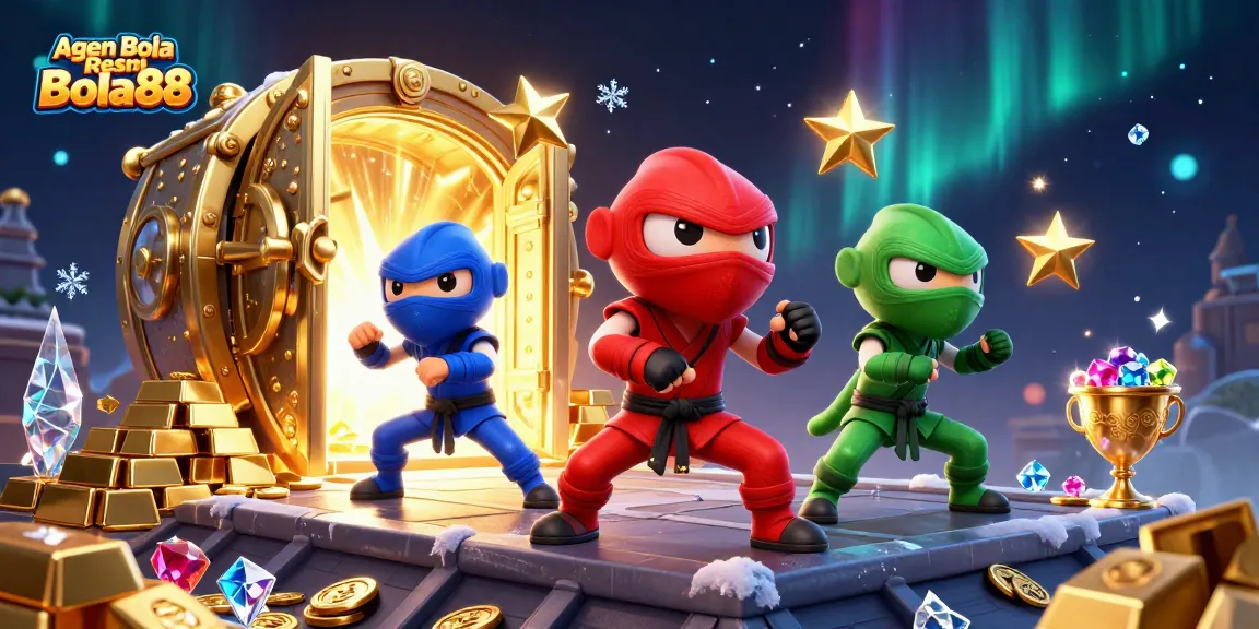 Agen Bola Resmi Bola88 showcases a dynamic scene with chameleon ninjas celebrating victory with treasures.