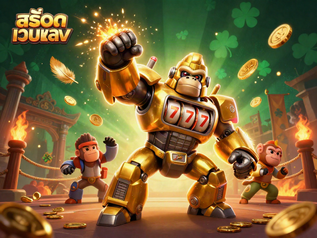 Engage with สล็อตเว็บตรง in this dynamic 3D illustration of a golden gorilla mech in a vibrant casino setting.