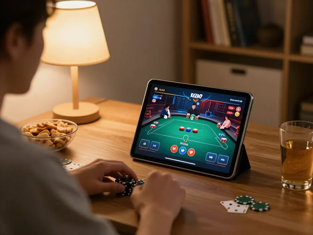 Bangsawan88 online gaming experience showcasing a player engaged in poker strategy in a cozy home setup.