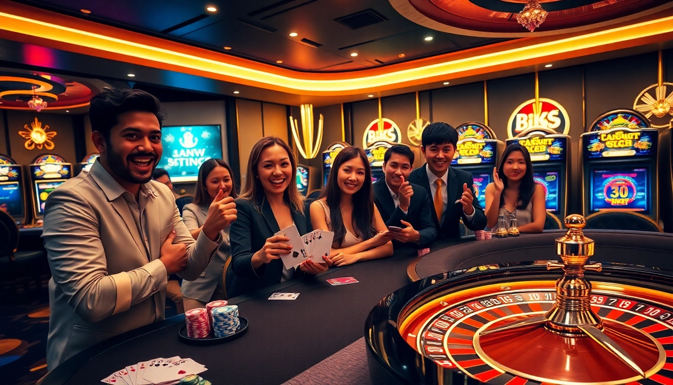 Excited players engaging at a casino table featuring king88bet themes with chips and cards.