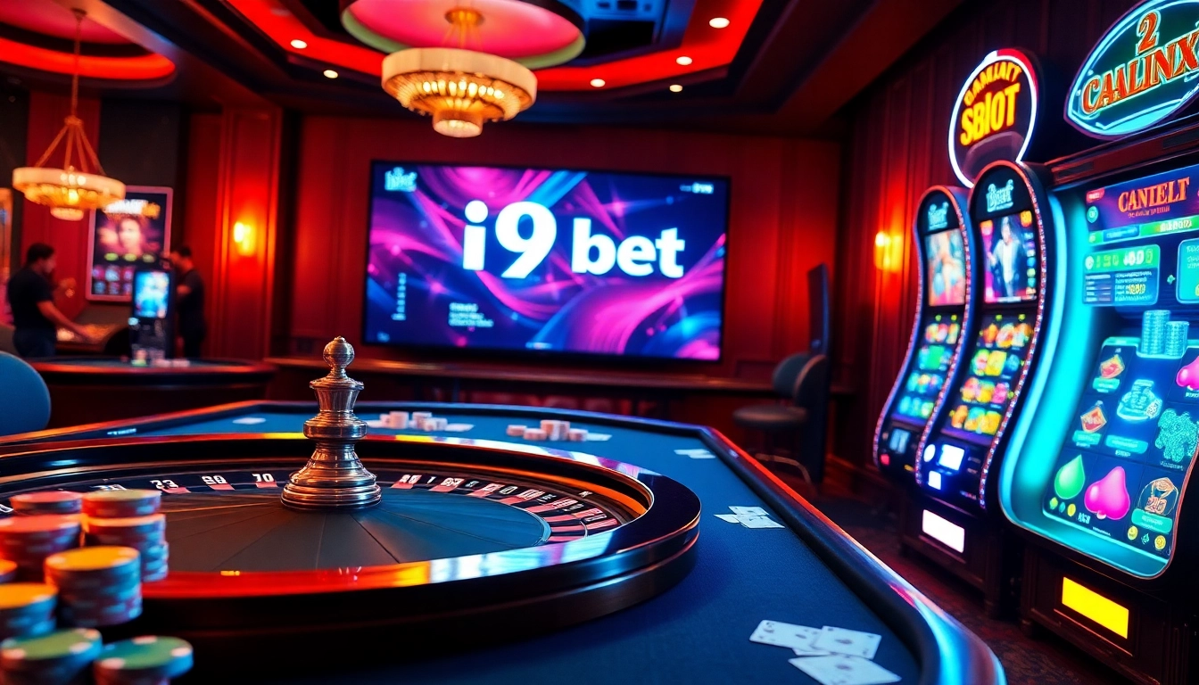 Experience thrilling online gameplay at i9bet with vibrant casino visuals including poker chips and slot machines.