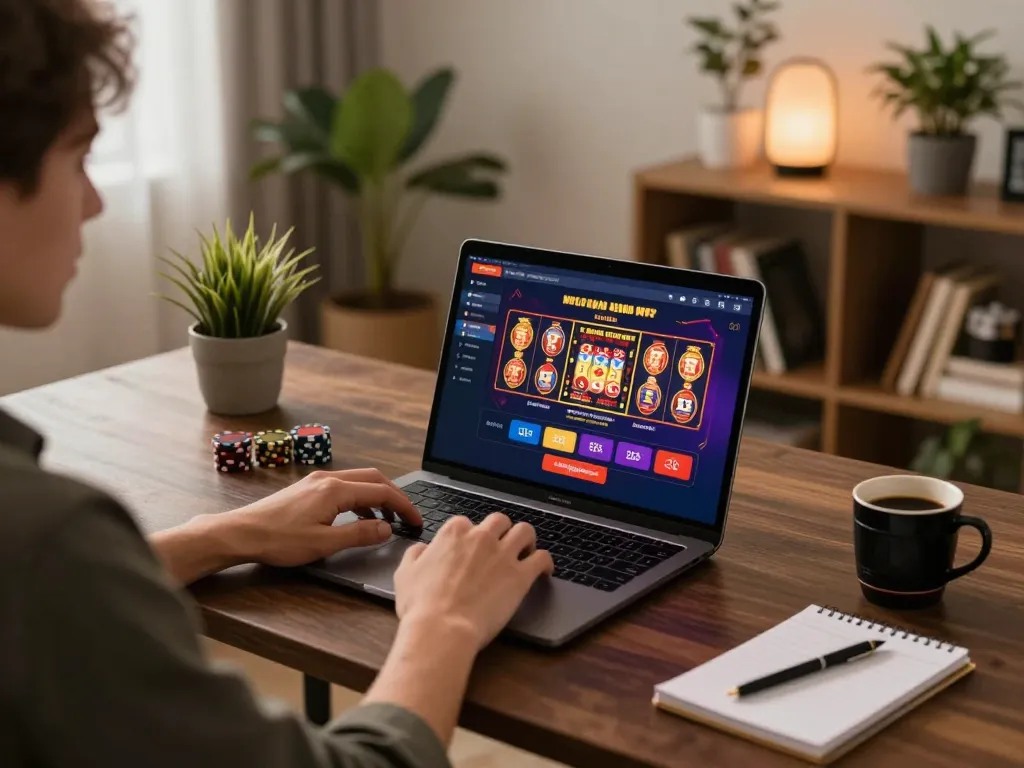 Engaged player enjoying ดูหนังออนไลน์ on a laptop, showcasing dynamic online casino gaming interface.