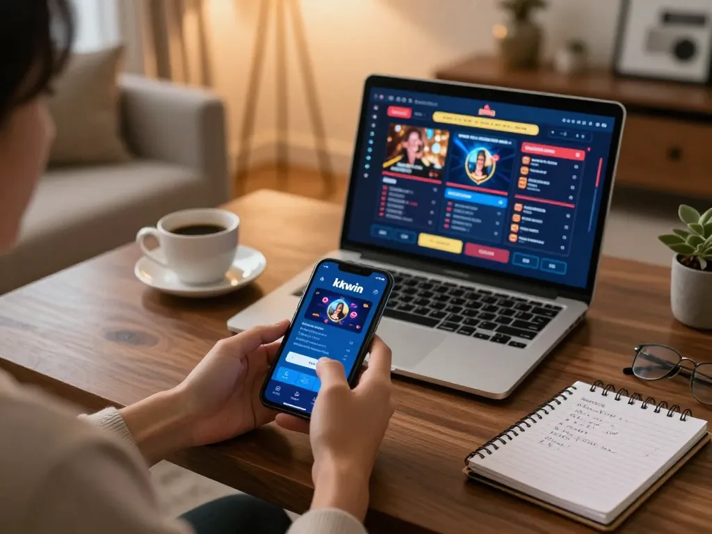 Person engaging with kkwin casino app on smartphone in a cozy home environment.