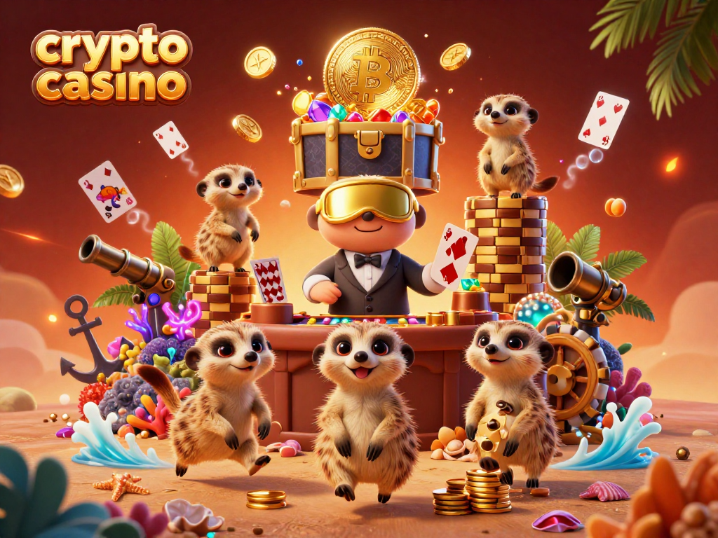 Experience the excitement of a crypto casino with meerkats orchestrating thrilling games amidst gold coins and blockchain elements.