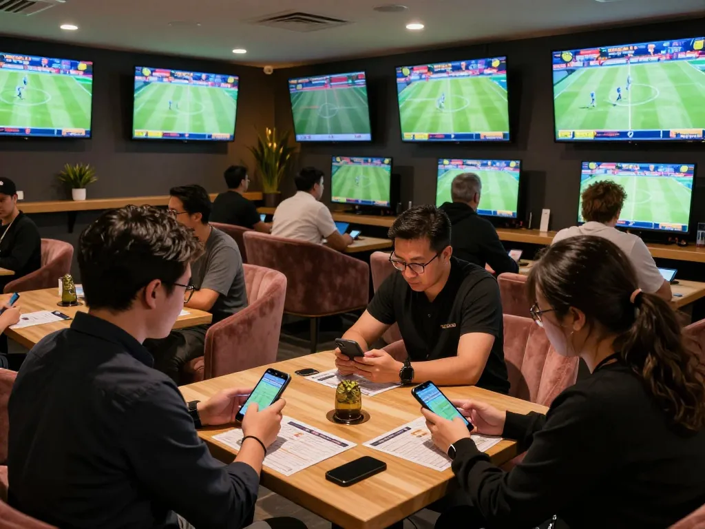 Patrons in sports betting lounge analyzing stats on devices, engaging with lv88seo platforms