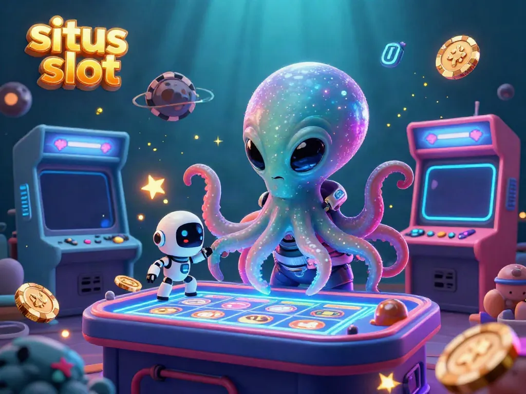 Gambar ilustrasi 3D menunjukkan situs slot dengan karakter gurita alien dan robot, mempersembahkan permainan slot yang menarik.