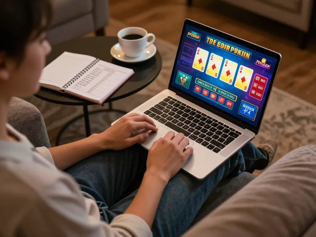 Kuwin gaming session with a laptop showing vibrant casino interface and strategy notes.