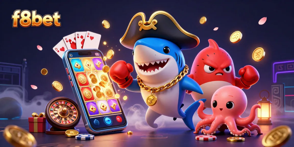Spin and win with f8bet's exciting casino game elements featuring a playful shark, pufferfish, and octopus.