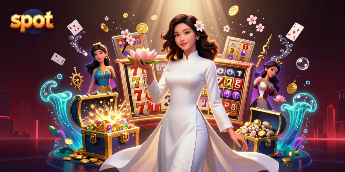 Spin vibrant slot games, featuring a graceful woman holding lucky symbols amidst floating gold.