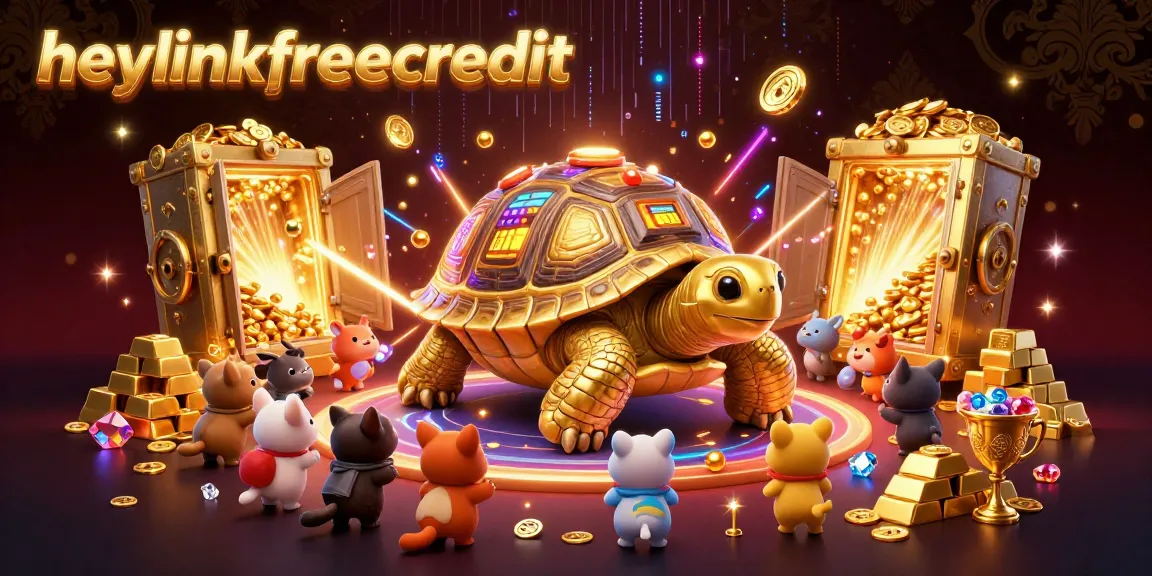 Play exciting games with heylinkfreecredit in this vibrant casino-themed scene featuring a golden tortoise.