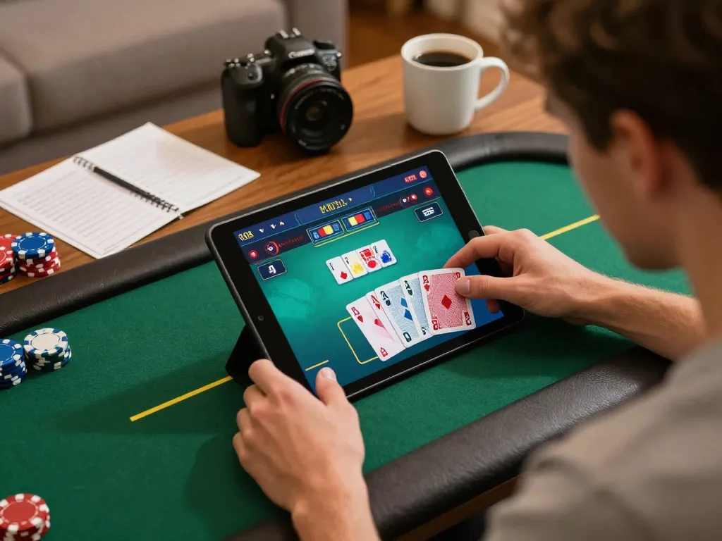 CM88 player engaging in online poker strategy with a tablet in a cozy setting, highlighting responsible gambling.