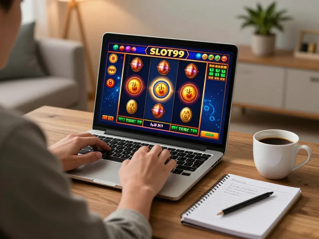 SLOT99 online casino player enjoying vibrant slot games with strategic notes in a cozy setting.