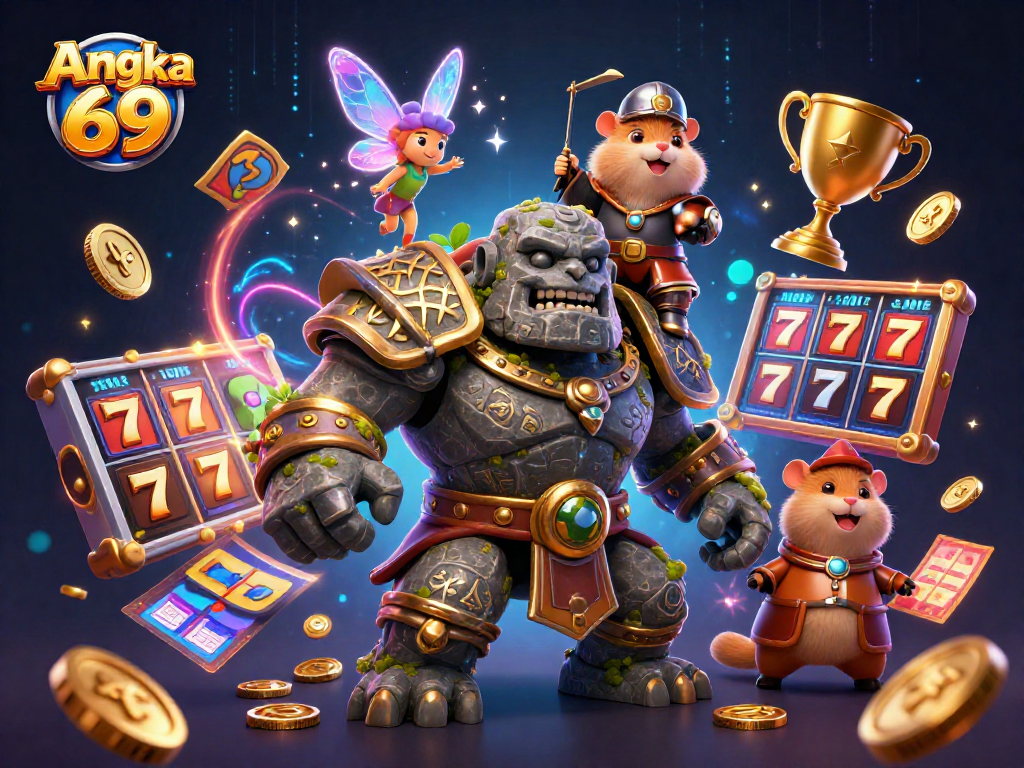Experience Angka 69's dynamic slot games with magical characters in a vibrant casino scene.