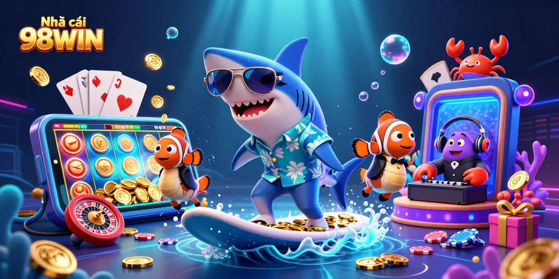 Engage with Nhà cái 98WIN as the shark surfs gold coins in a vibrant casino scene.