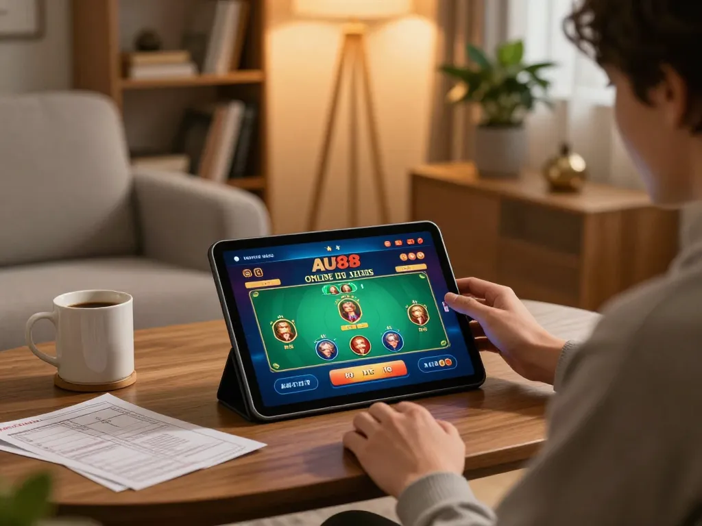 Engaging with AU88 online casino app on tablet in a cozy home environment.