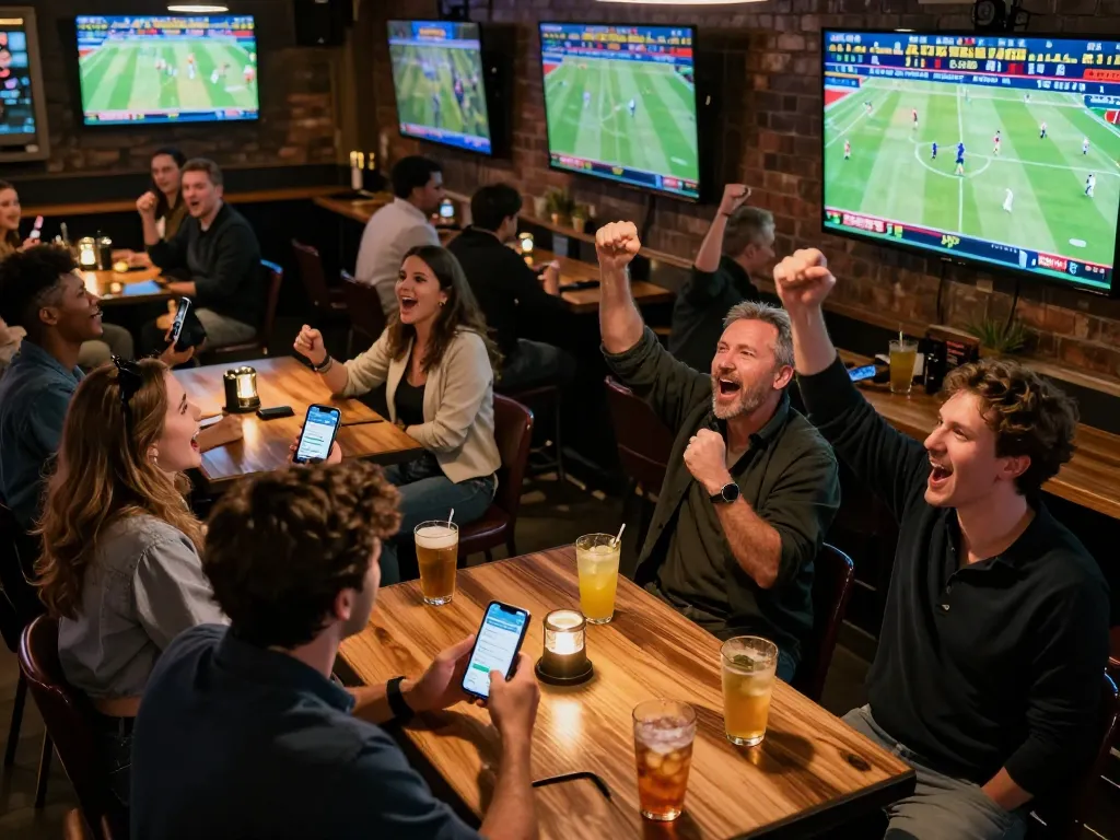 Patrons engaging in competitive sports betting at a vibrant sports bar with screens on steaksnlobsters