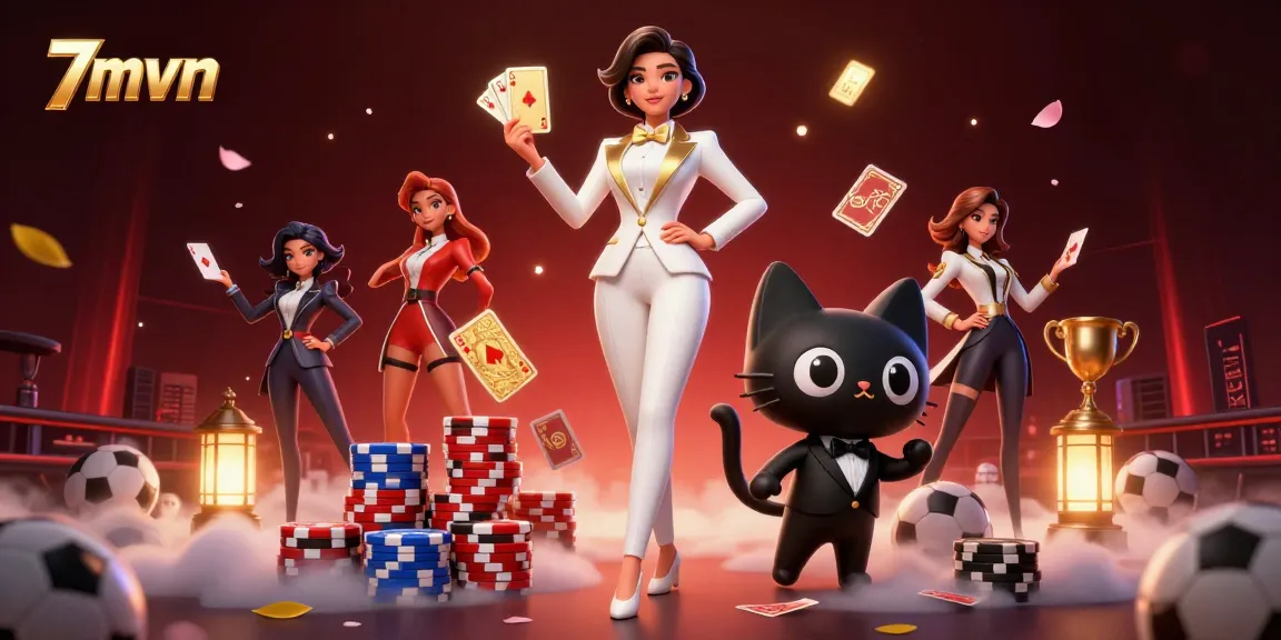 Experience the thrill of betting with 7mvn's glamorous 3D casino scene featuring lively characters.
