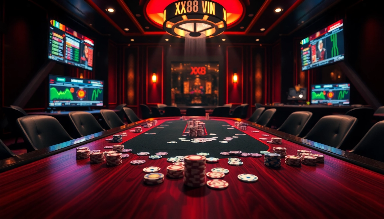 Experience a thrilling poker night at xx88 vin, featuring glamorous casino elements and intense gameplay.