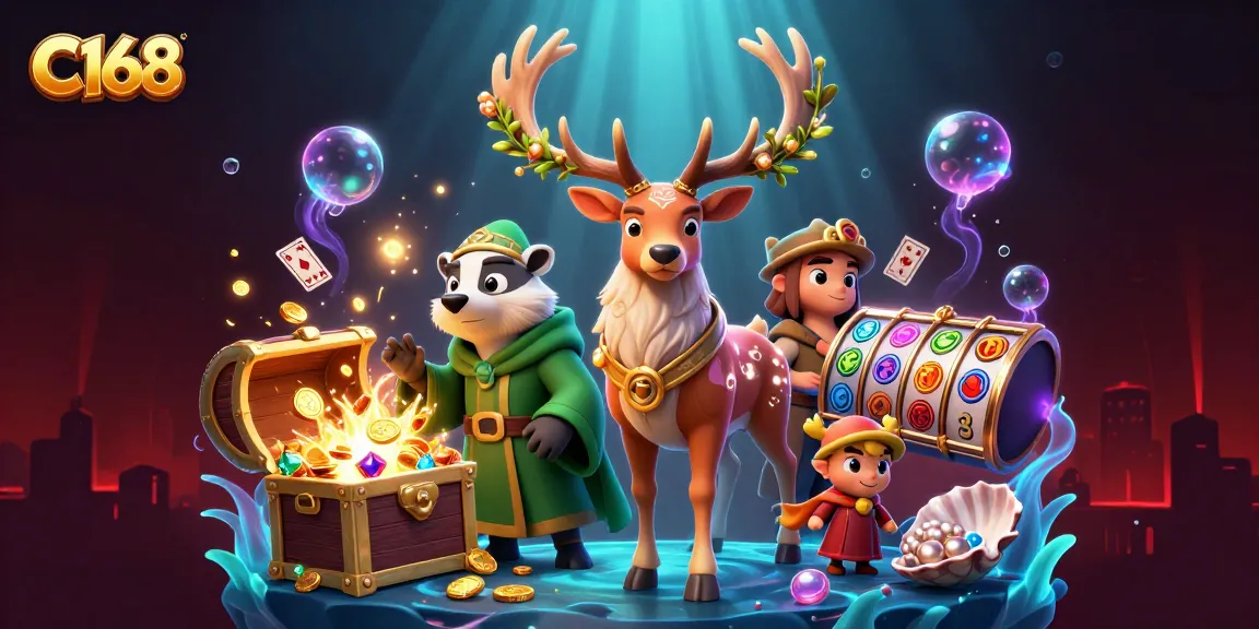 C168 features a dynamic casino adventure with a Celtic stag, wise badger, and vibrant slot reels amidst gold treasures.