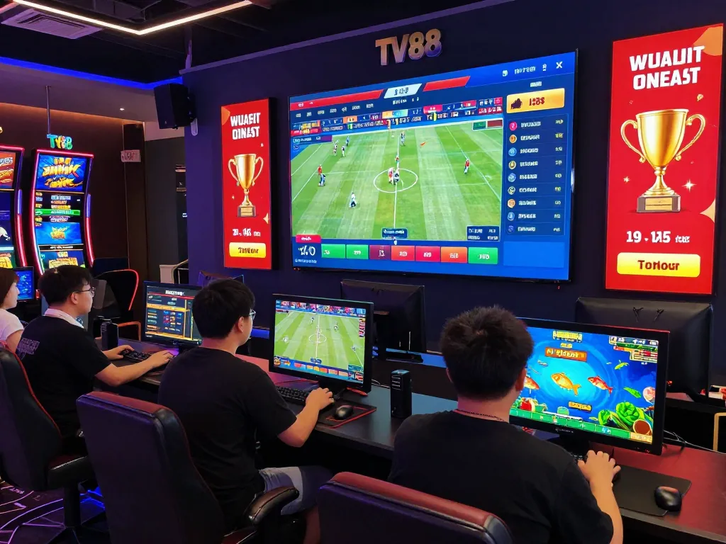 Exciting TV88 top gaming scene with diverse players enjoying online betting on sports and animated games.
