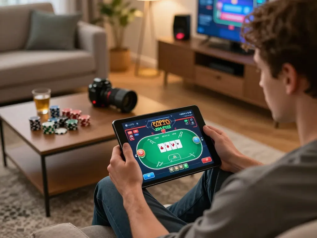 Player engaging in thrilling online poker gaming session with m111 strategy insights at home