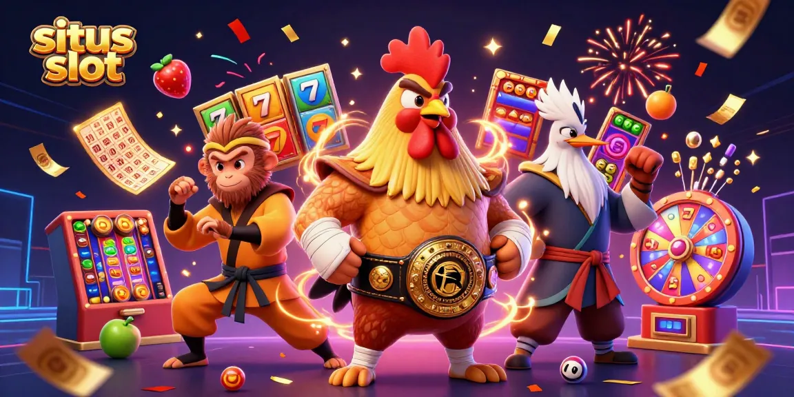 Experience the excitement of situs slot resmi with vibrant slot reels and dynamic characters in a 3D illustration.