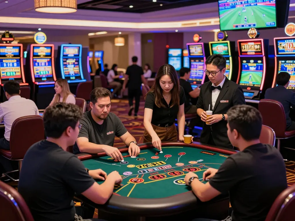 Engaging players experiencing the thrill of Nhà Cái 32win's casino environment with vibrant tables and gaming options.