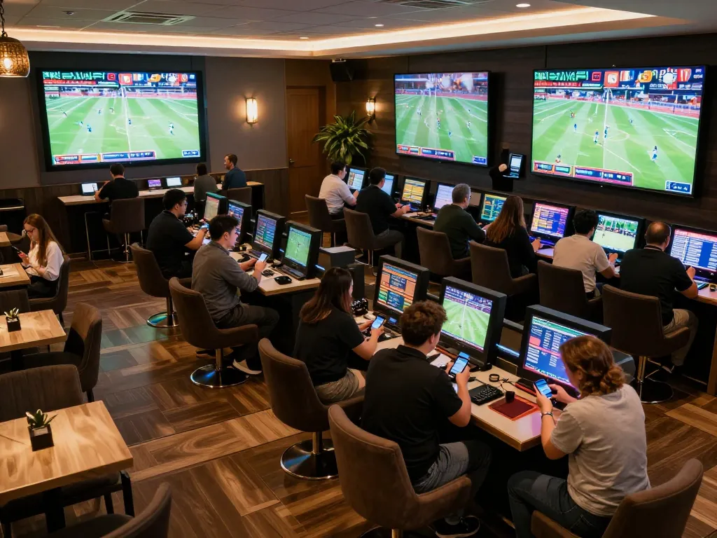 Engaged bettors using smartphones at a vibrant sports lounge, highlighting Qh888's betting excitement and features