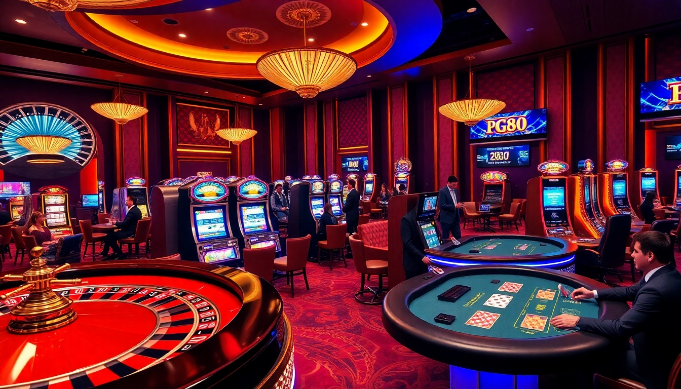 Experience the thrilling energy of PG88’s luxurious casino environment bustling with players and games.