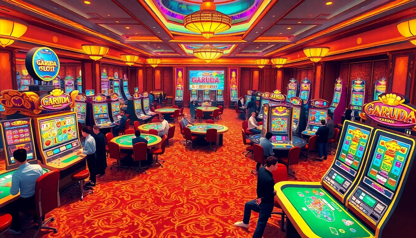 Players enjoying the garuda slot machines in a vibrant casino filled with excitement and luxury.