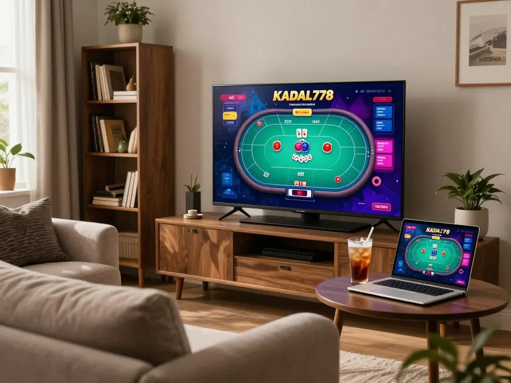 KADAL778 online poker gameplay displayed on a laptop in a cozy home setting with warm lighting.
