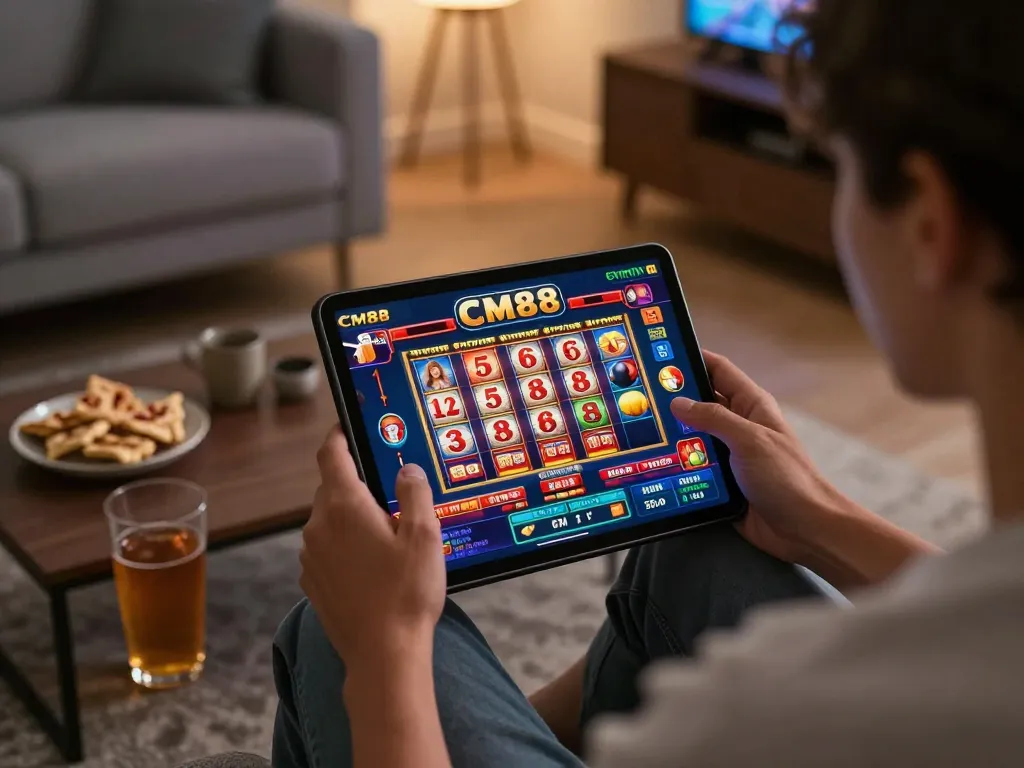 Player enjoying the CM88 casino experience on a tablet at home, engaging with online games and strategies